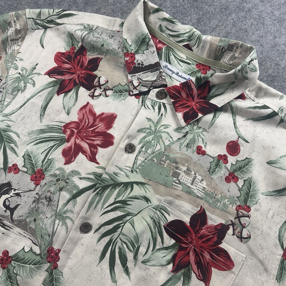 Tommy Bahama Button Front Shirt‎ XXL Beige Red Tropical Floral Christmas Silk